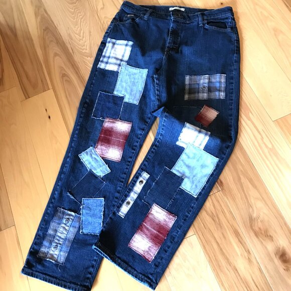 Flannel Patchwork Jeans, Size 16: Upcycled Distressed Denim & Plaid, Funky Pants - Picture 7 of 11